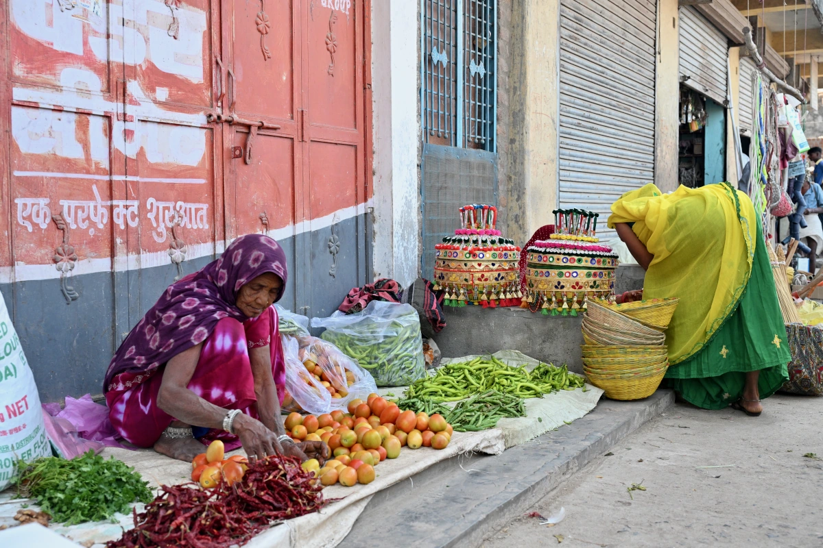 Marché animé dans un village lors du festival Kavant au Gujarat – découverte authentique pendant un circuit.
