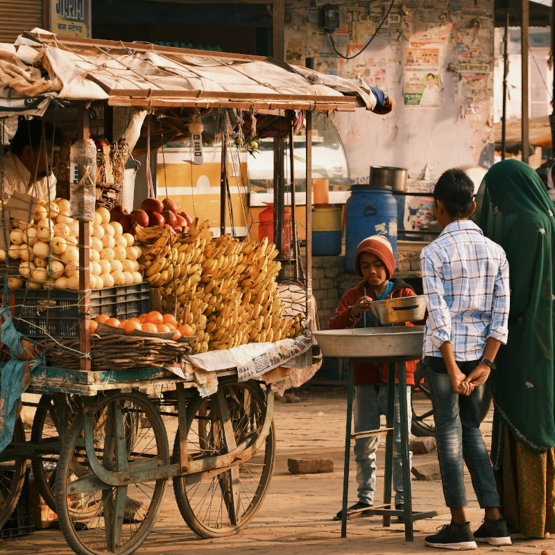 Jeune vendeur sur un marché local dans un village du Rajasthan. Une scène typique de la vie rurale pendant un circuit hors des sentiers battus.